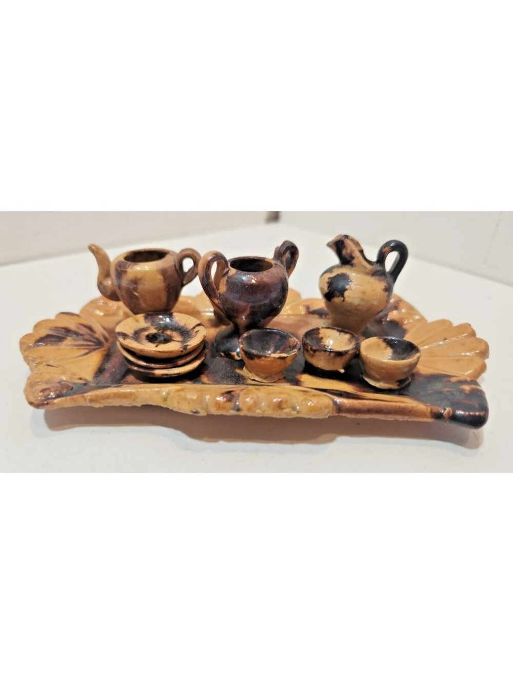 Vtg Early Miniature Folk Pottery Tea Set Tortoiseshell-Style Glaze Hand Made